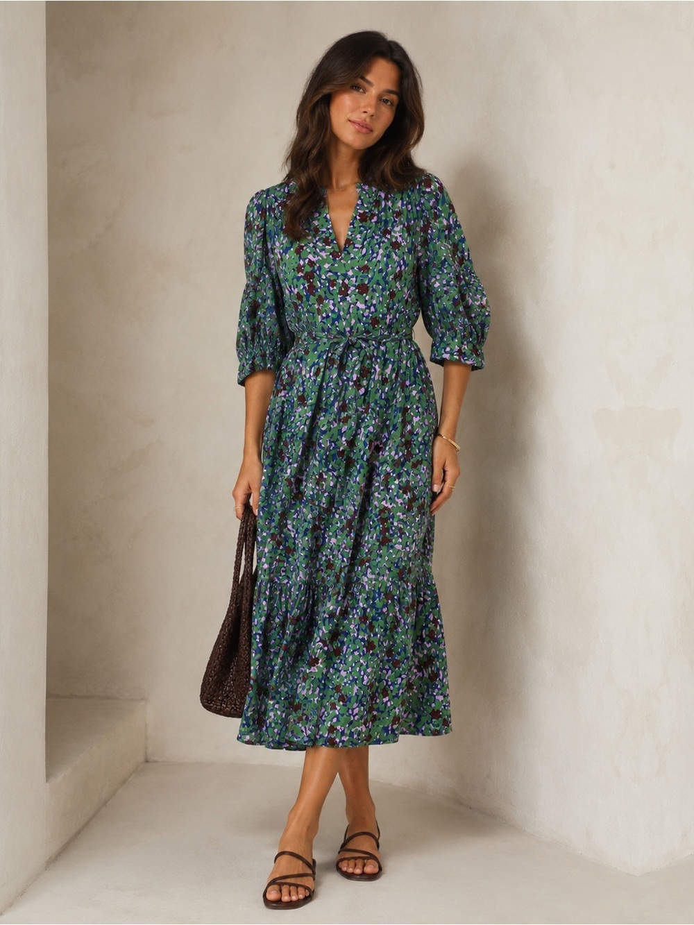 LaRoque Floral V-Neck Dress with Tie